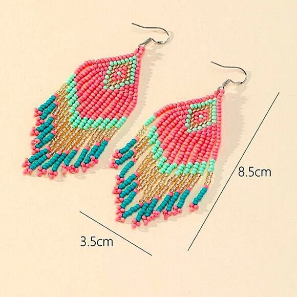 Handmade Beaded Boho Dangle Earrings Tribal Native Pink - Picture 4 of 4